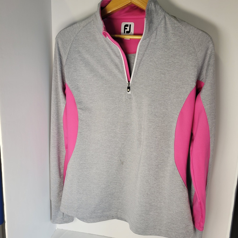 FootJoy Womens Golf Pullover Quarter Zip Gray Pink Thumbholes Size M